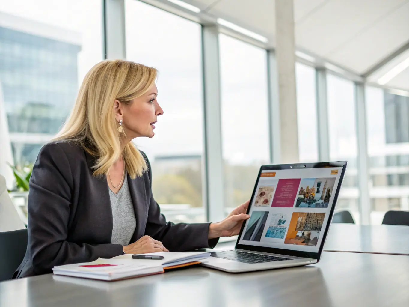 A professional business woman confidently leading a team meeting in a modern office setting, symbolizing leadership and strategic decision-making. This image represents the benefits of personal leadership coaching.