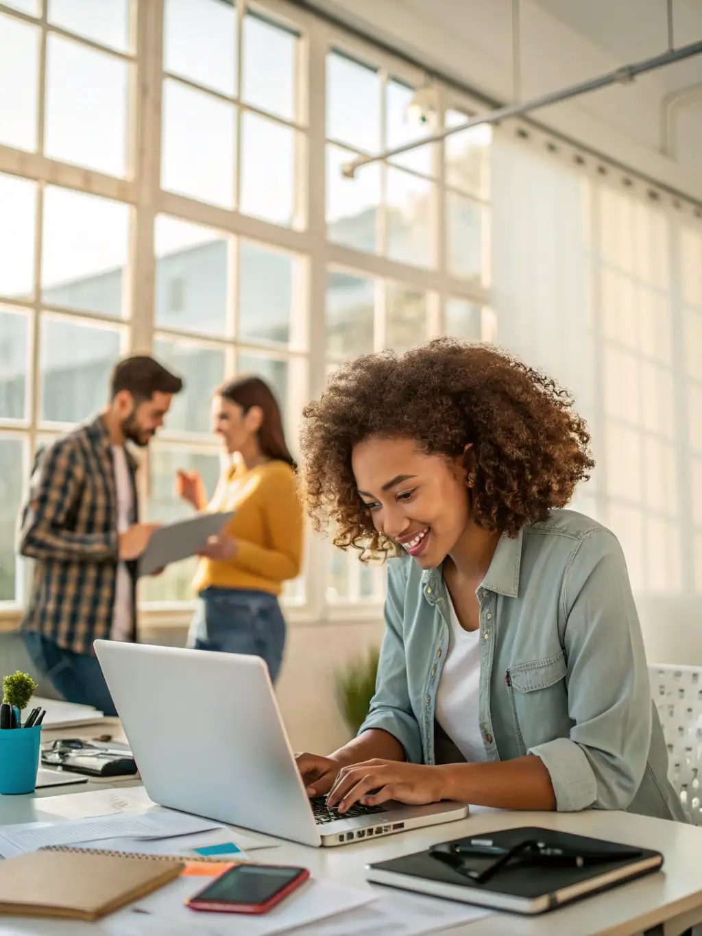 An entrepreneur working on a laptop in a modern co-working space, surrounded by other professionals. The scene captures the energy and innovation of the startup environment.
