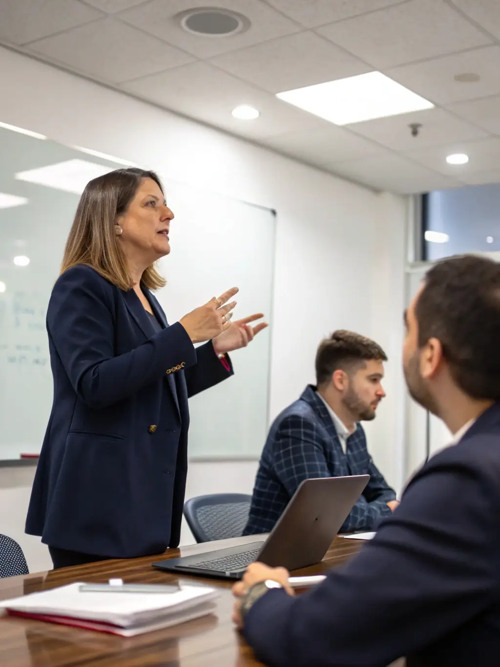 A professional business woman in her late 30s, dressed in smart casual attire, confidently leading a team meeting in a modern office setting. The scene emphasizes leadership and collaboration.