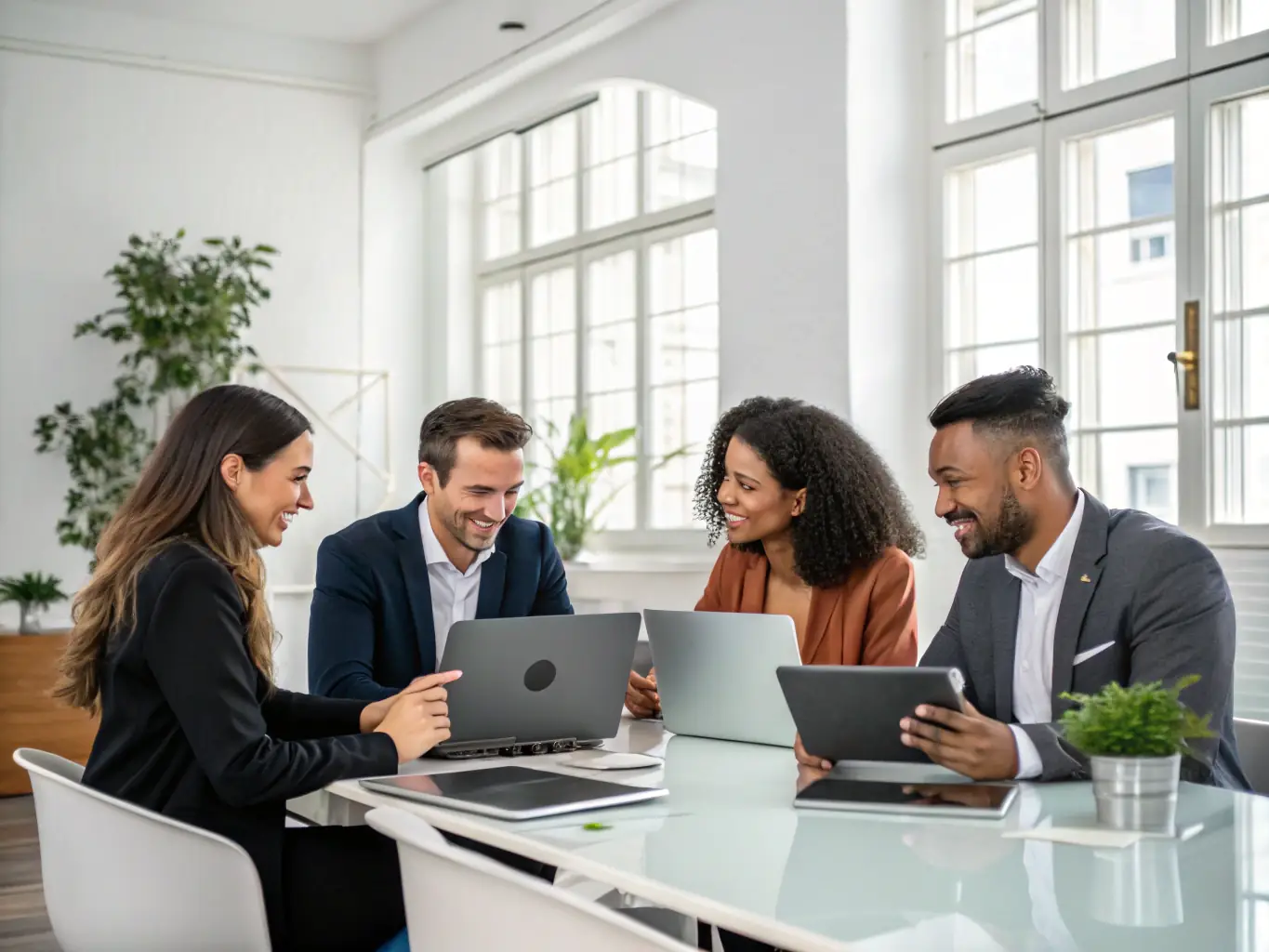 A diverse group of professionals collaborating in a modern office, symbolizing the broader impact of effective leadership and business strategies.