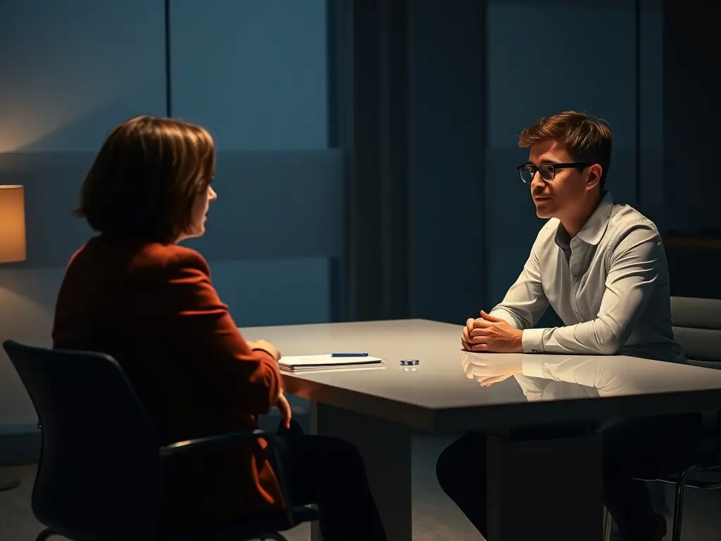 An image of a confident professional engaging in a one-on-one coaching session with a coach in a modern office setting, symbolizing personal leadership coaching.