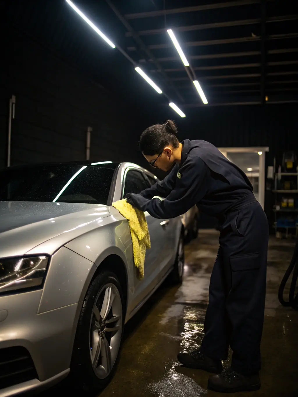 A technician applying polishing compound to a car's surface with a polishing machine, highlighting the glossy finish and scratch removal process.