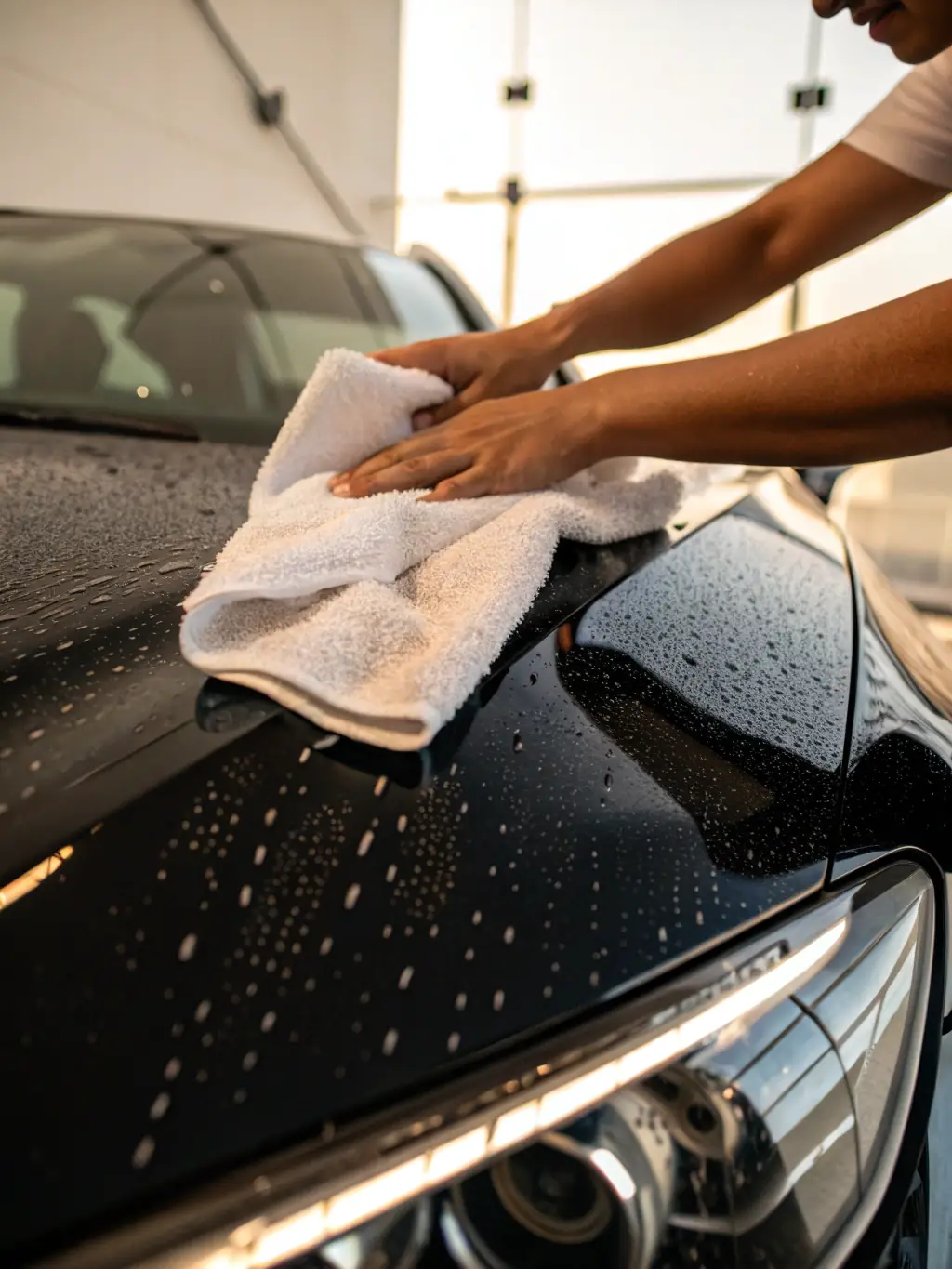 A professional technician carefully hand washing a luxury car with soft microfiber cloths in a clean, well-lit bay, ensuring no scratches and a thorough clean.