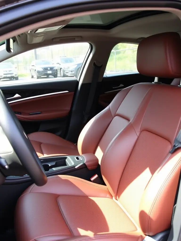 An image showcasing the interior of a car being meticulously cleaned, with attention to detail on the dashboard, seats, and carpets.