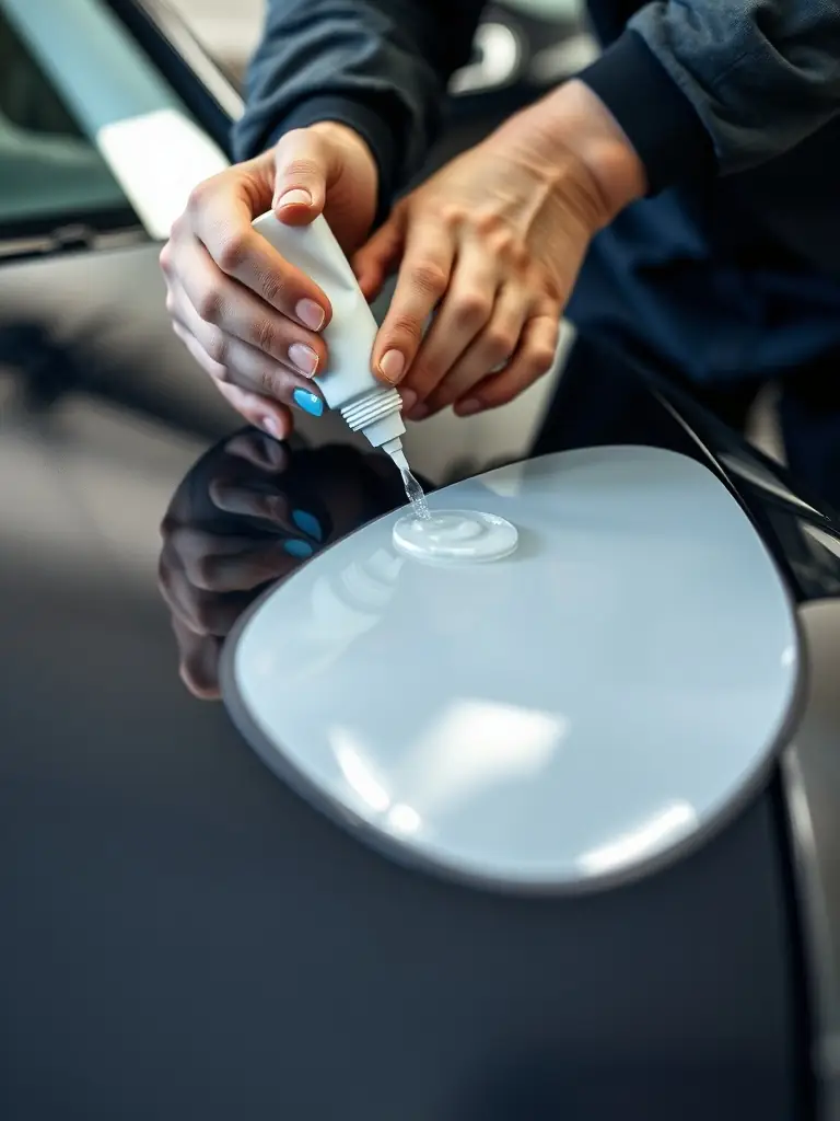 A professional applying a ceramic coating to a car's surface, highlighting the protective layer and enhanced shine.