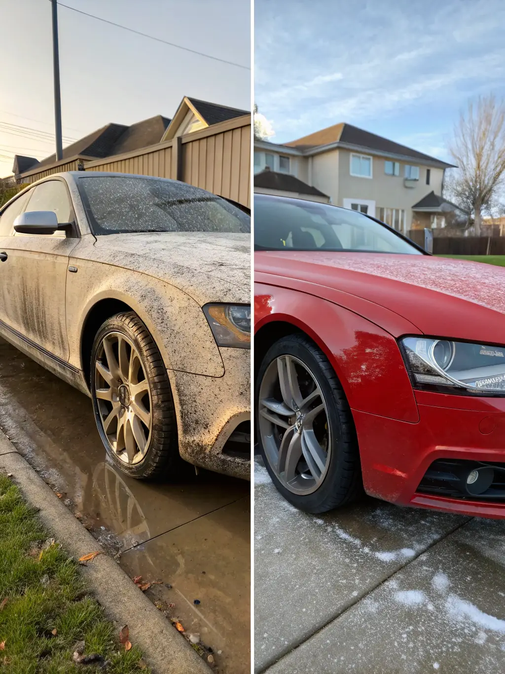 A before-and-after shot demonstrating the effectiveness of Vervebox's polishing service, showing a car's paintwork restored to a glossy, swirl-free finish.
