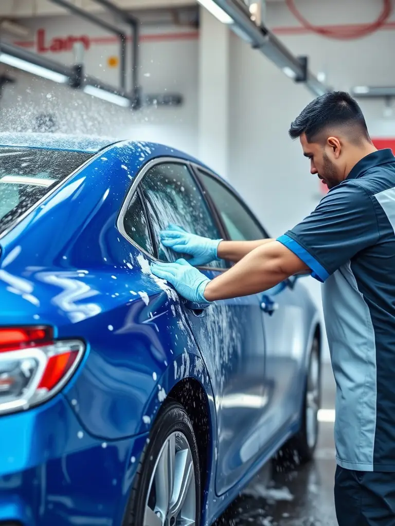 A close-up shot of a Vervebox employee gently hand washing a luxury car with a soft sponge and soapy water, emphasizing the care and attention to detail.